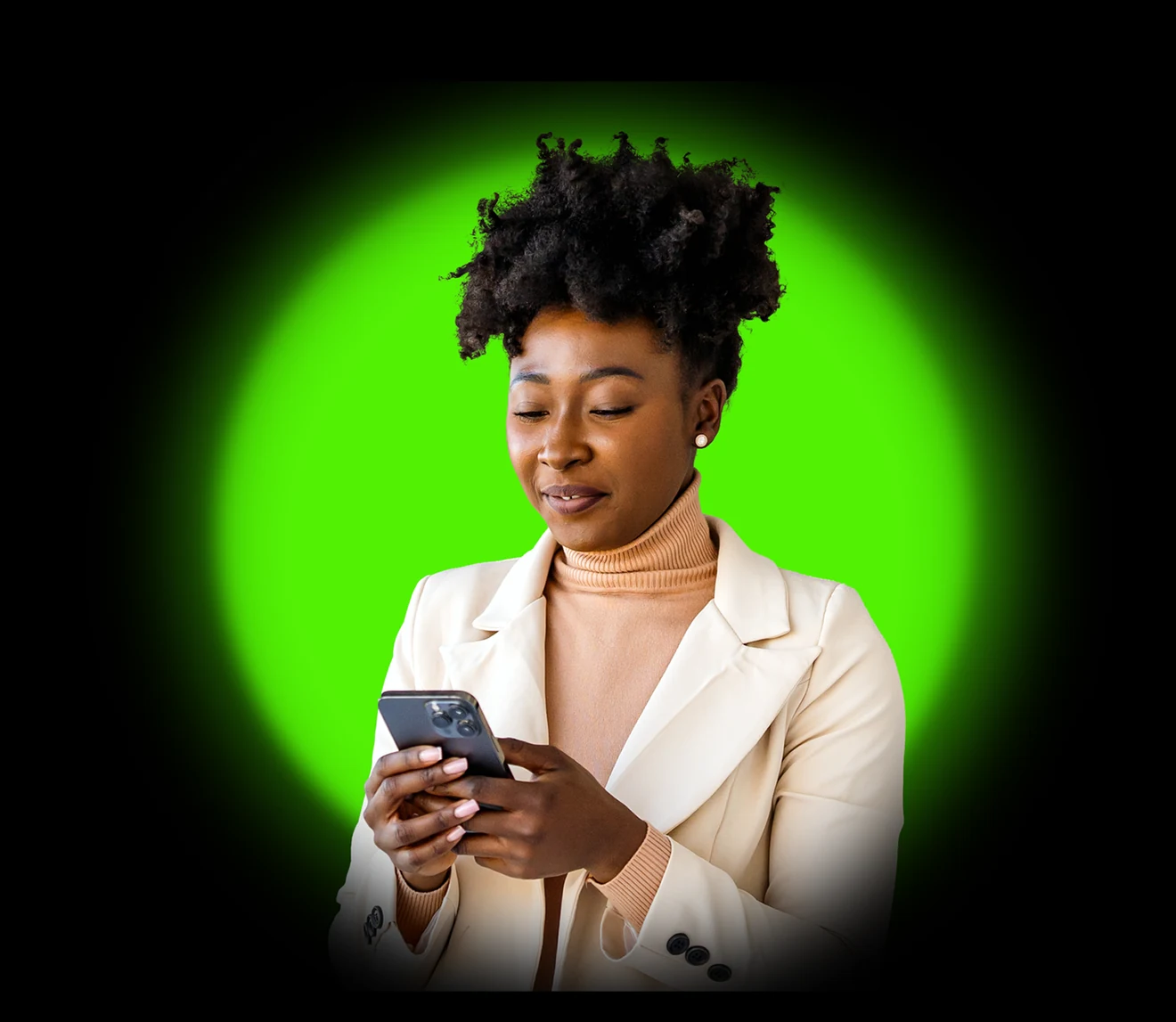 A woman using her phone in front of a bright green circle